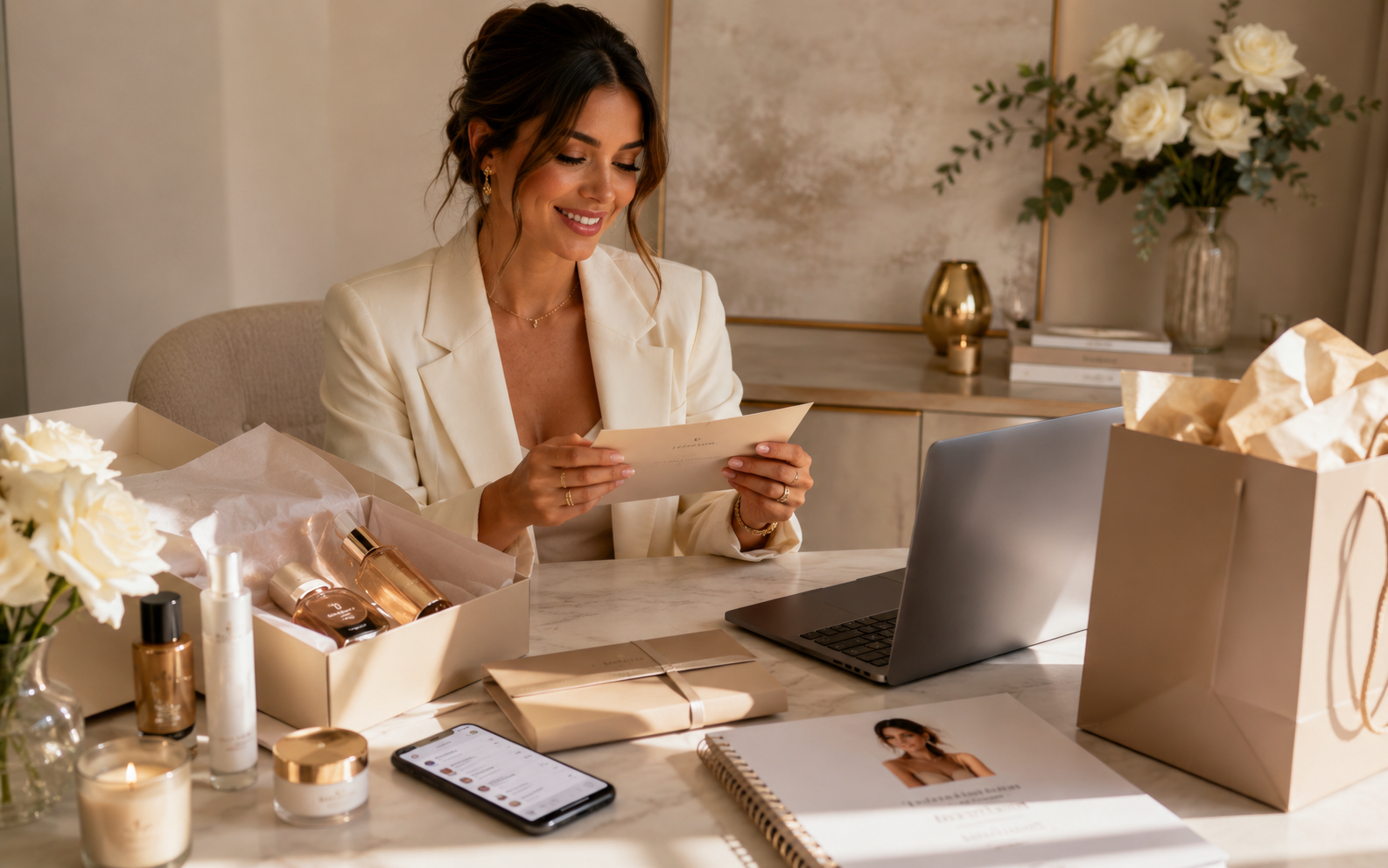 A creator with a professional online presence receiving luxury products, collaboration packages, and premium brand offers.